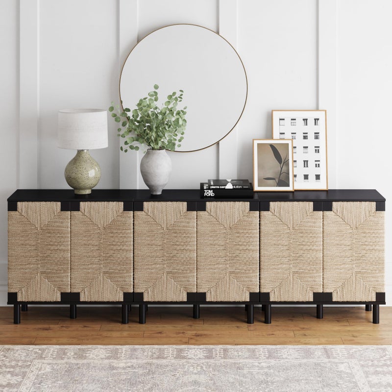 Nathan James Nathan James Beacon Accent Natural Sideboard Storage Cabinet TV Stand in WireBrushed Wood with Adjustable Interior Shelf and Seagrass Doors for Hallway Entryway or Dining Room Black Set of 3 