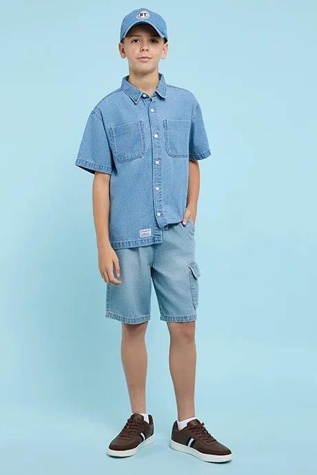 R&B Washed Shirt with Classic Collar and Short Sleeves