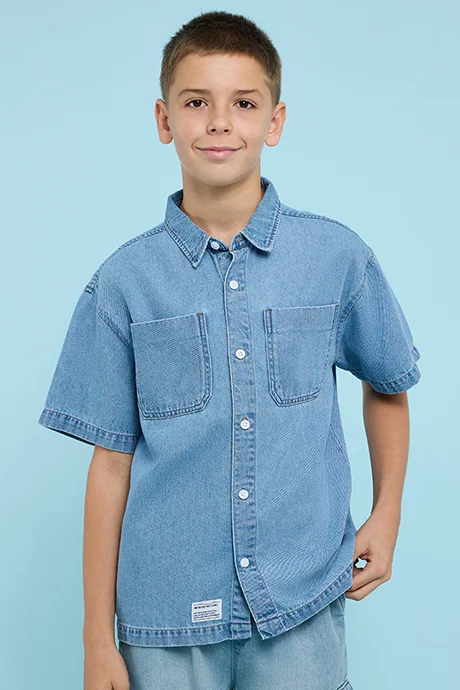 R&B Washed Shirt with Classic Collar and Short Sleeves
