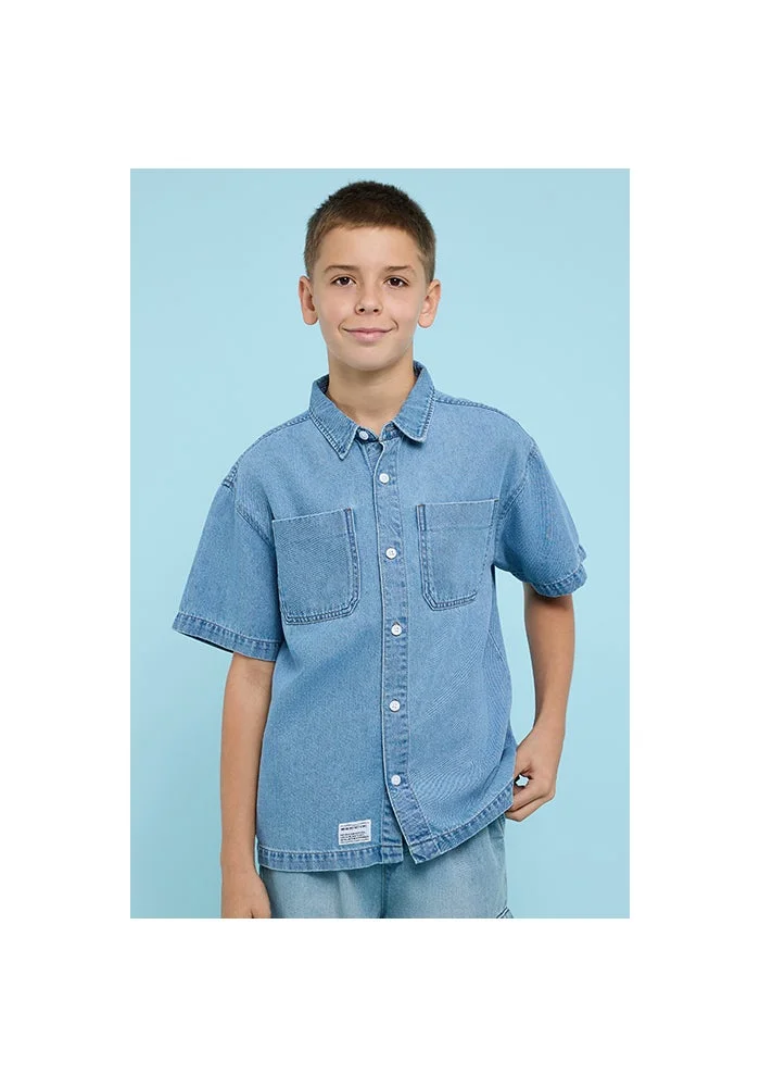 R&b Washed Shirt with Classic Collar and Short Sleeves
