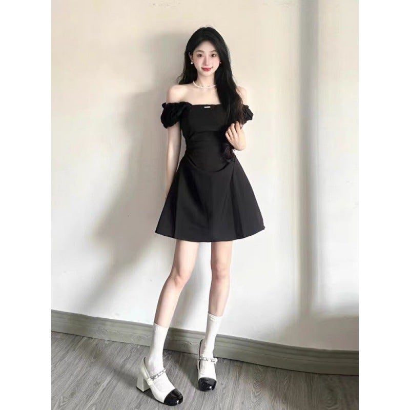 French Style Square Collar Pure Desire Black dress Womens Waisted Elegant Design Sense Short A- line Black Skirt for Summer Black