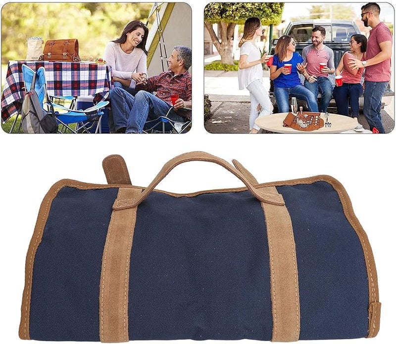 حقيبة بارمين محمولة كبيرة السعة مع حزام قابل للتعديل طقم قماش كتان أزرق للتخييم والحفلات والأنشطة الخارجية - Image 3