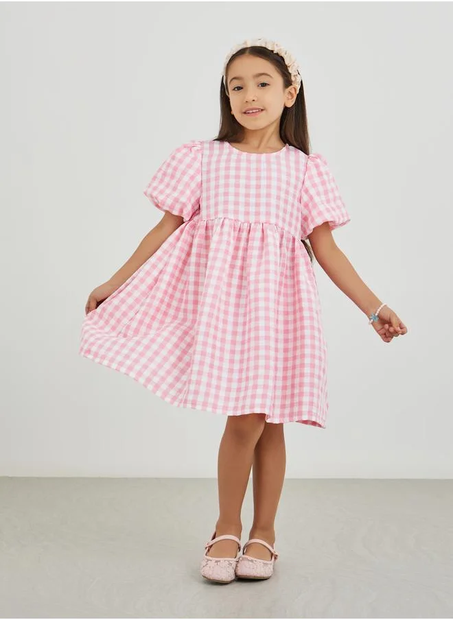 Styli Styli Girls Pink Gingham Check Seersucker A-Line Dress