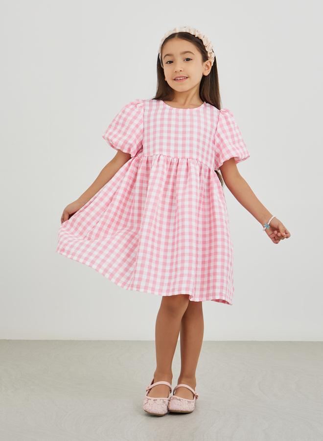 Styli Girls Pink Gingham Check Seersucker A-Line Dress - Image 1