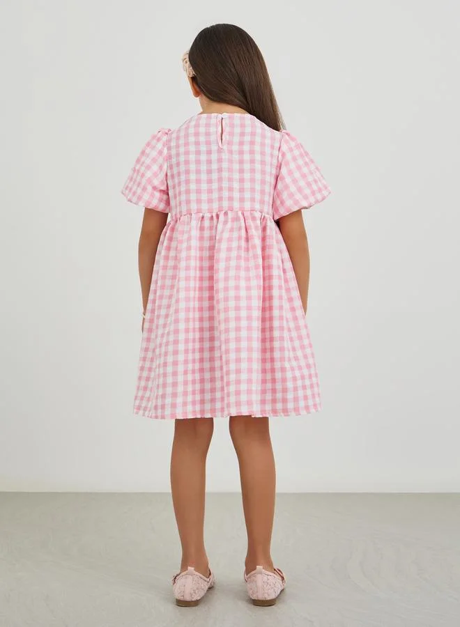Styli Styli Girls Pink Gingham Check Seersucker A-Line Dress