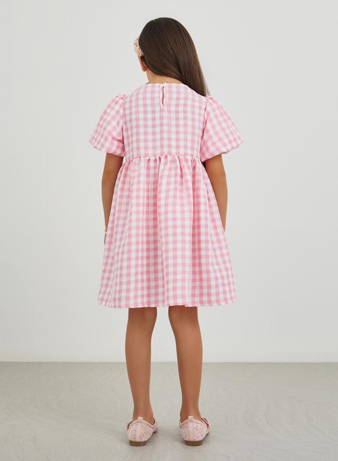 Styli Girls Pink Gingham Check Seersucker A-Line Dress - Image 4