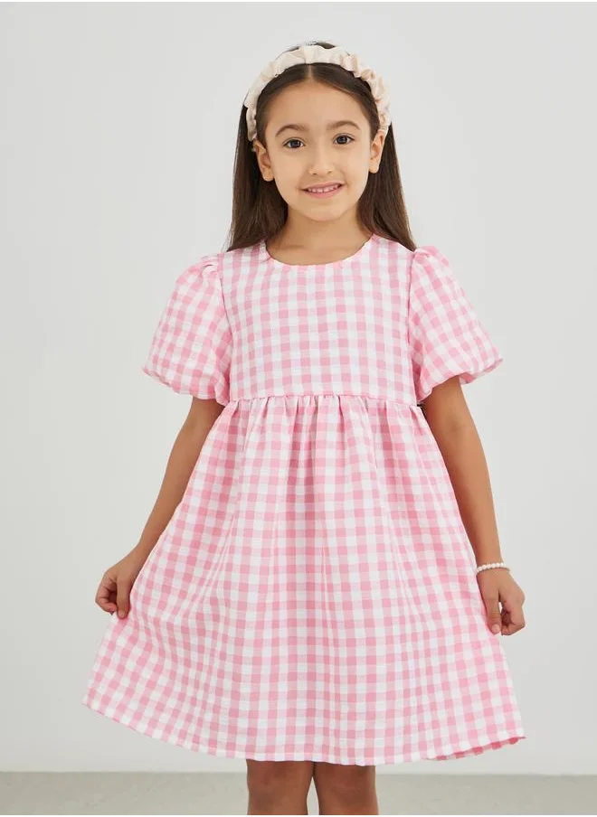 Styli Styli Girls Pink Gingham Check Seersucker A-Line Dress