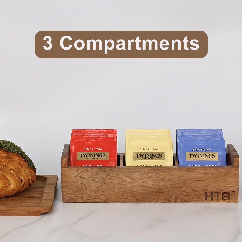 HTB Small Tea Bag Box Wooden, 3 Compartments Acacia Wood Tea Bag Chest with Handle, Mini Countertop Divided Storage Container for Beverage Supplies, Sugar, Sweeteners, Individual Packets - Image 5