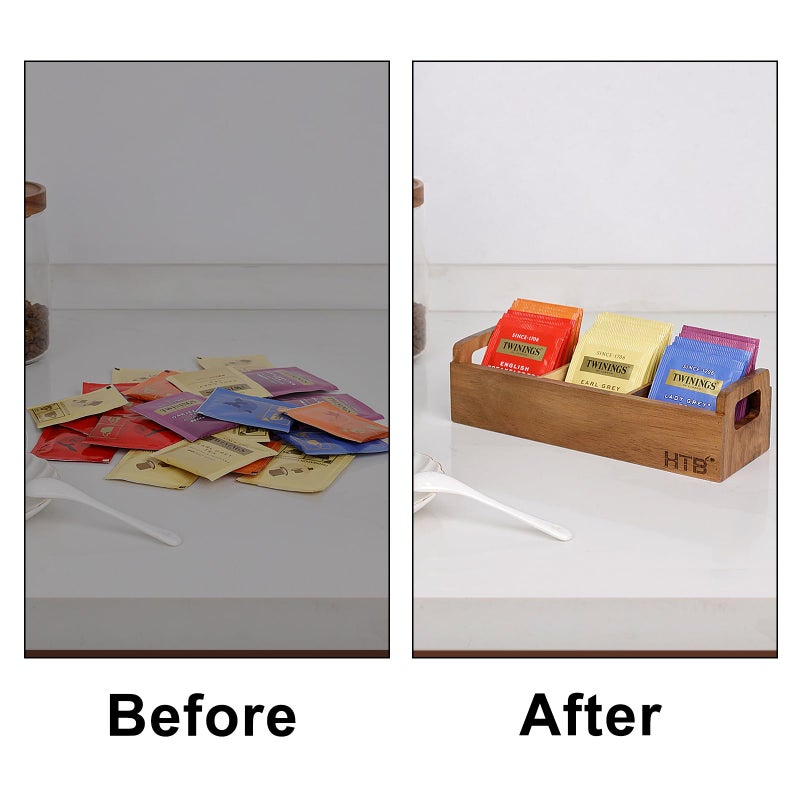 HTB Small Tea Bag Box Wooden, 3 Compartments Acacia Wood Tea Bag Chest with Handle, Mini Countertop Divided Storage Container for Beverage Supplies, Sugar, Sweeteners, Individual Packets - Image 3