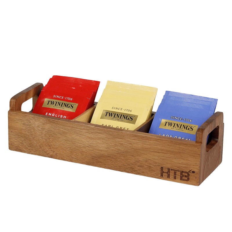 HTB Small Tea Bag Box Wooden, 3 Compartments Acacia Wood Tea Bag Chest with Handle, Mini Countertop Divided Storage Container for Beverage Supplies, Sugar, Sweeteners, Individual Packets - Image 1