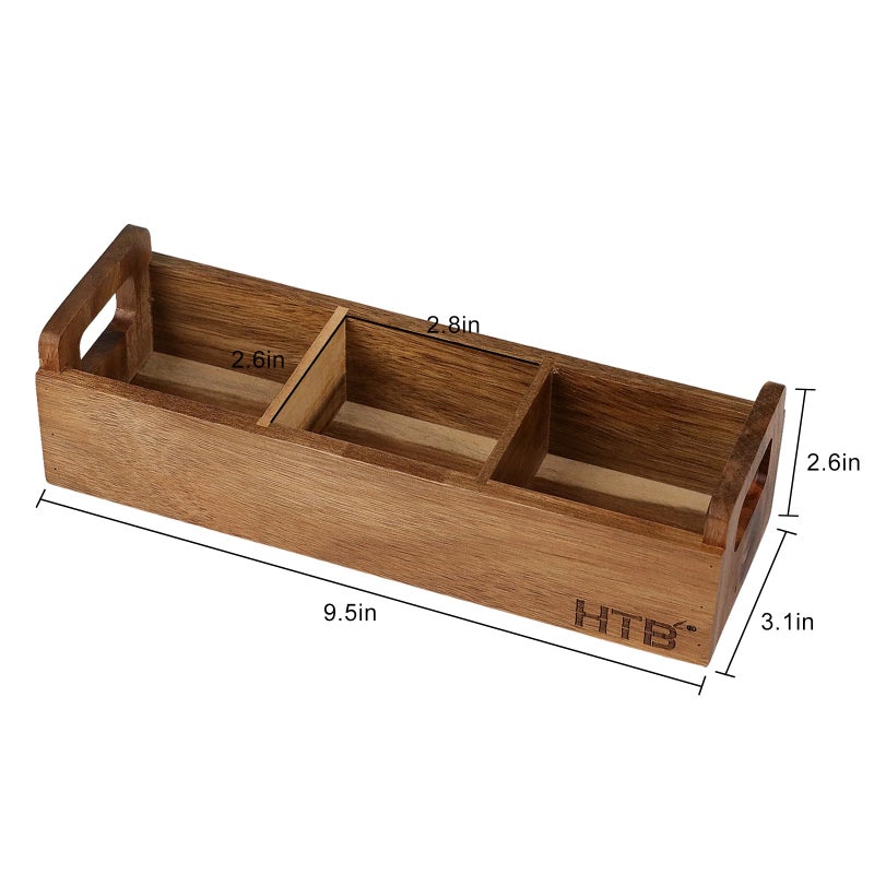 HTB Small Tea Bag Box Wooden, 3 Compartments Acacia Wood Tea Bag Chest with Handle, Mini Countertop Divided Storage Container for Beverage Supplies, Sugar, Sweeteners, Individual Packets - Image 2
