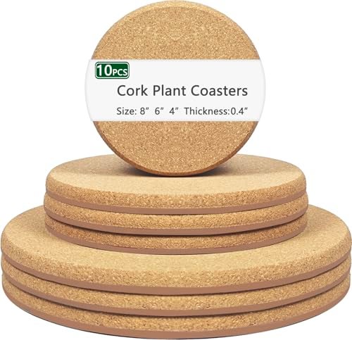 Venyat 3 Sizes Cork Plant Coasters, 4/6/8 Inch Double Layers Thickened Cork Plant Mats, 10 Pcs Cork Coasters for Plants, Plant Coasters for House Plants - Image 1