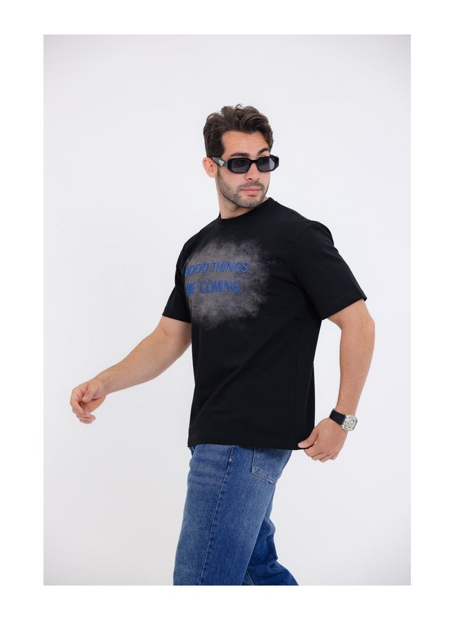 WHITE RABBIT "GOOD THINGS ARE COMING."Printed Short Sleeves Black T-Shirt  - Image 4
