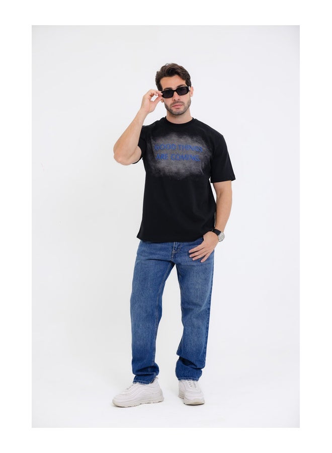 WHITE RABBIT "GOOD THINGS ARE COMING."Printed Short Sleeves Black T-Shirt  - Image 5