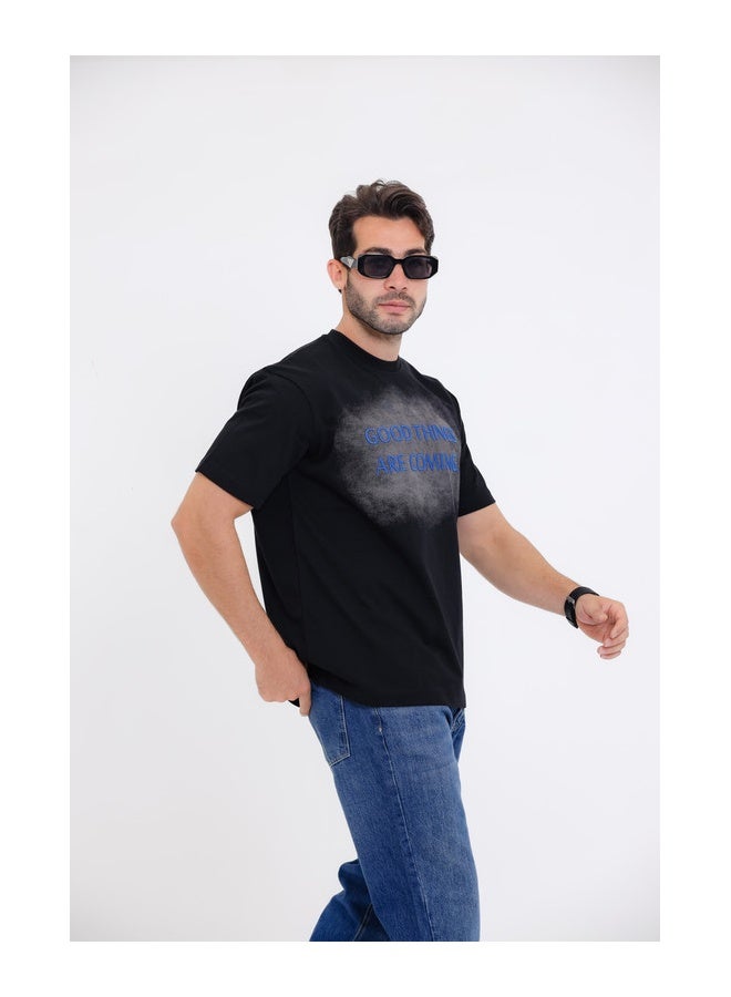 WHITE RABBIT "GOOD THINGS ARE COMING."Printed Short Sleeves Black T-Shirt  - Image 3