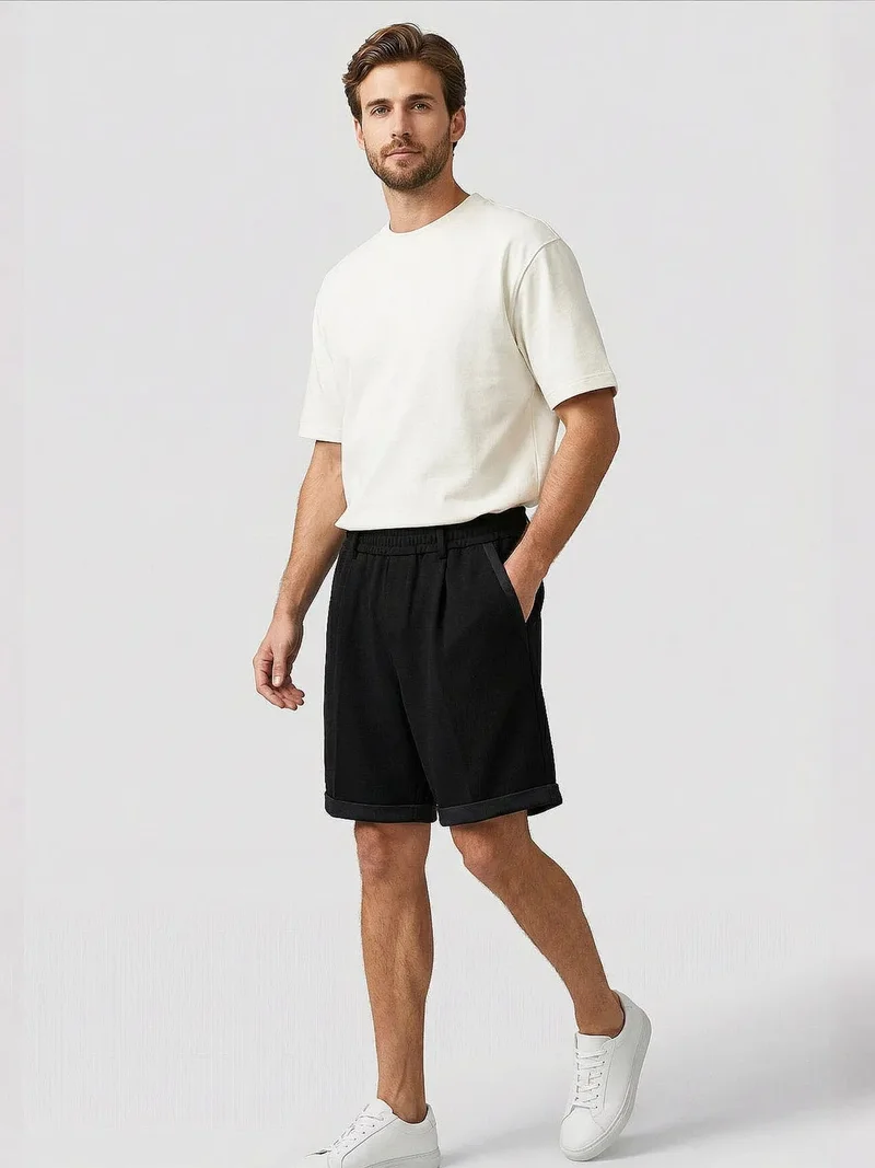 Tommylife Black TOMMY Men's Mid Waist Wide Leg Shorts for Men | Best Price UAE