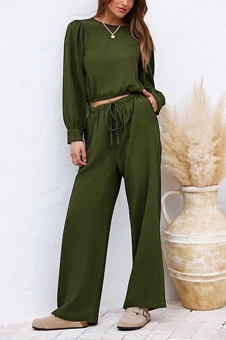 1Tarz 1Style Barbora Linen Summer High Waist Trousers Balloon Sleeve Design Blouse Two Piece Set Bottom Top LN25KHAKI - Image 4