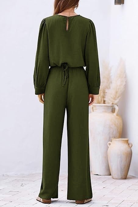 1Tarz 1Style Barbora Linen Summer High Waist Trousers Balloon Sleeve Design Blouse Two Piece Set Bottom Top LN25KHAKI - Image 5