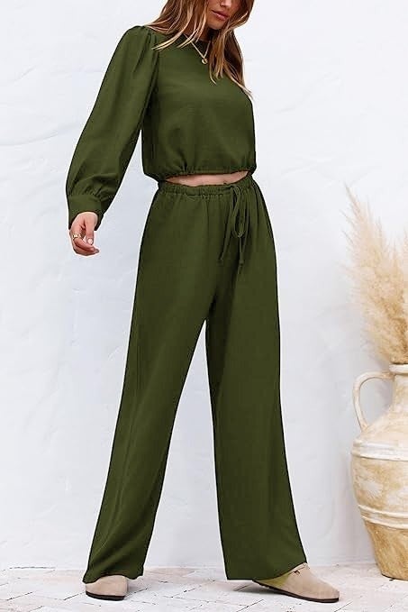 1Tarz 1Style Barbora Linen Summer High Waist Trousers Balloon Sleeve Design Blouse Two Piece Set Bottom Top LN25KHAKI - Image 2