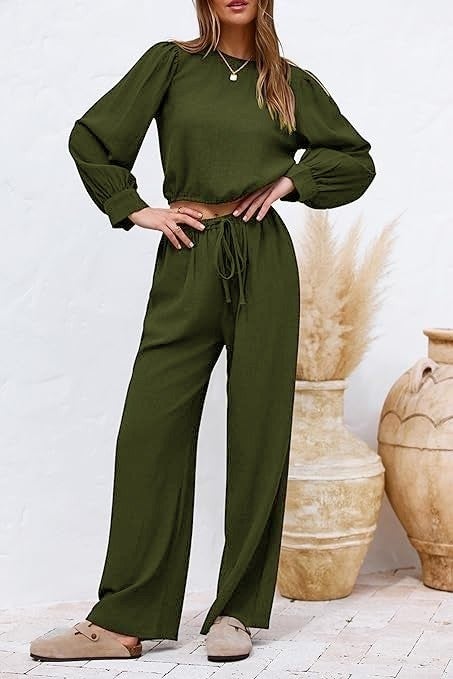 1Tarz 1Style Barbora Linen Summer High Waist Trousers Balloon Sleeve Design Blouse Two Piece Set Bottom Top LN25KHAKI - Image 3