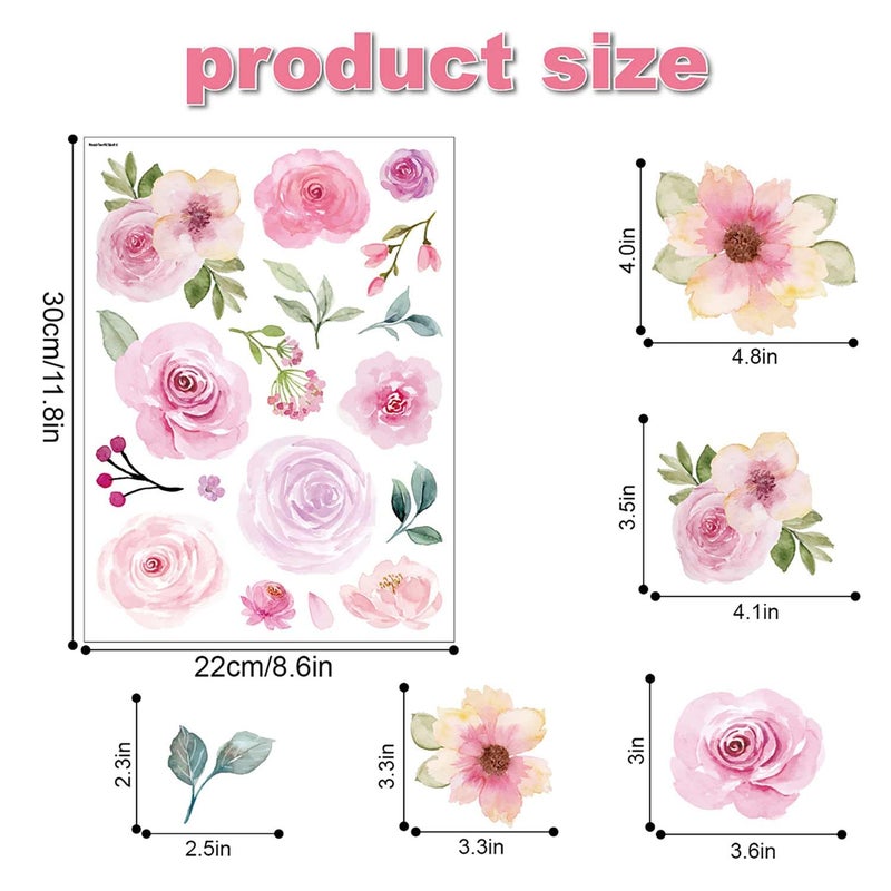 CharmFlo Floral Wall Decals Peel and Stick | 60PCS Watercolor Peony Flower & Leaves Stickers | Removable Vinyl Wall Art for Girls Bedroom, Nursery, Living Room | Pastel Home Decor - Image 2