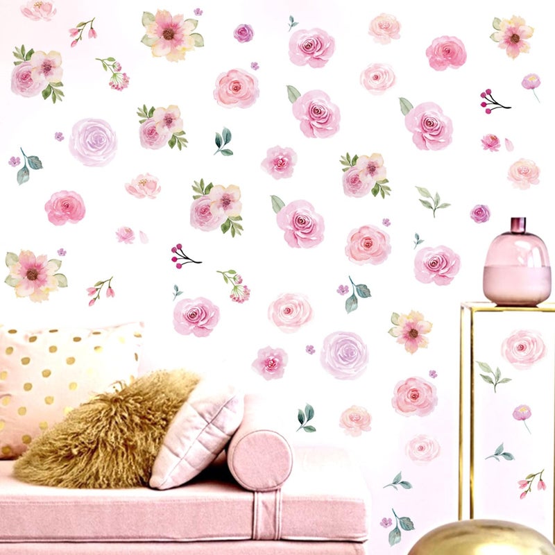 CharmFlo Floral Wall Decals Peel and Stick | 60PCS Watercolor Peony Flower & Leaves Stickers | Removable Vinyl Wall Art for Girls Bedroom, Nursery, Living Room | Pastel Home Decor - Image 5