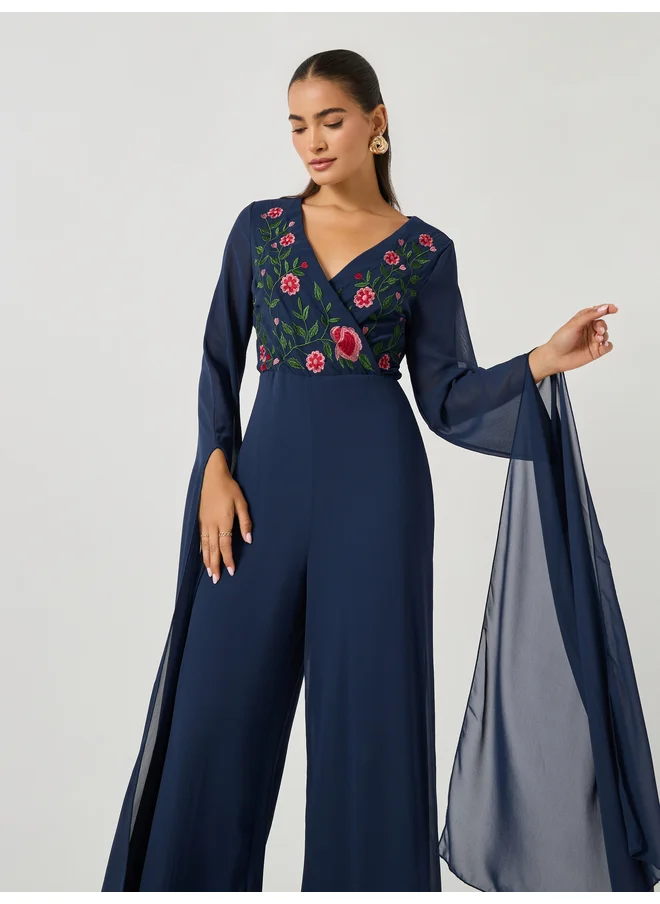 ستايلي Styli Embroidered Cape Sleeves Wide Leg Jumpsuit