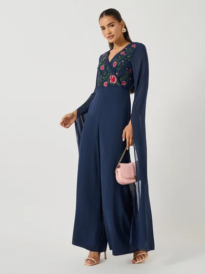 Styli Embroidered Cape Sleeves Wide Leg Jumpsuit