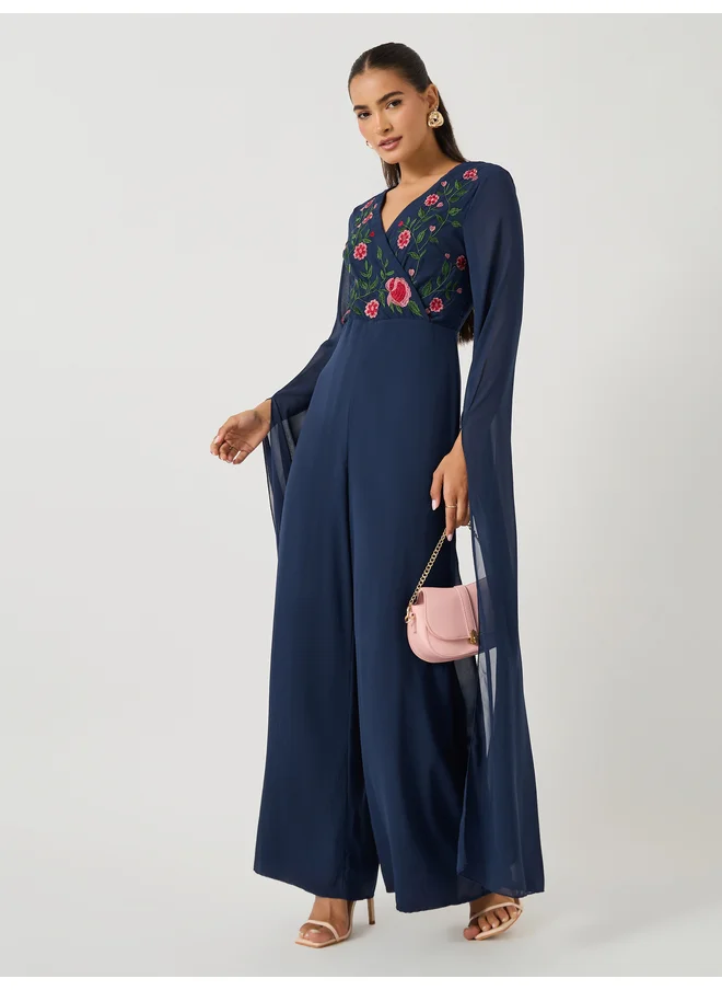 ستايلي Styli Embroidered Cape Sleeves Wide Leg Jumpsuit