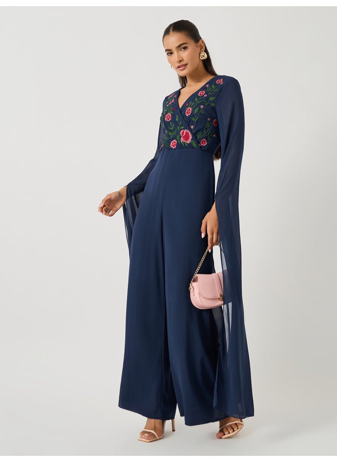 Styli Styli Embroidered Cape Sleeves Wide Leg Jumpsuit  - Image 1