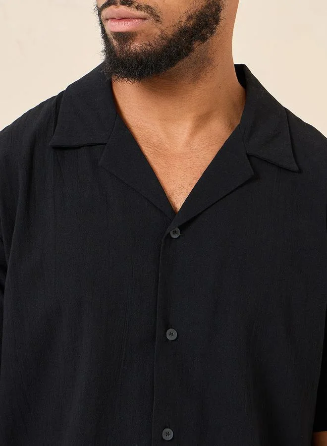 Styli Cotton Textured Resort Collar Relaxed Shirt