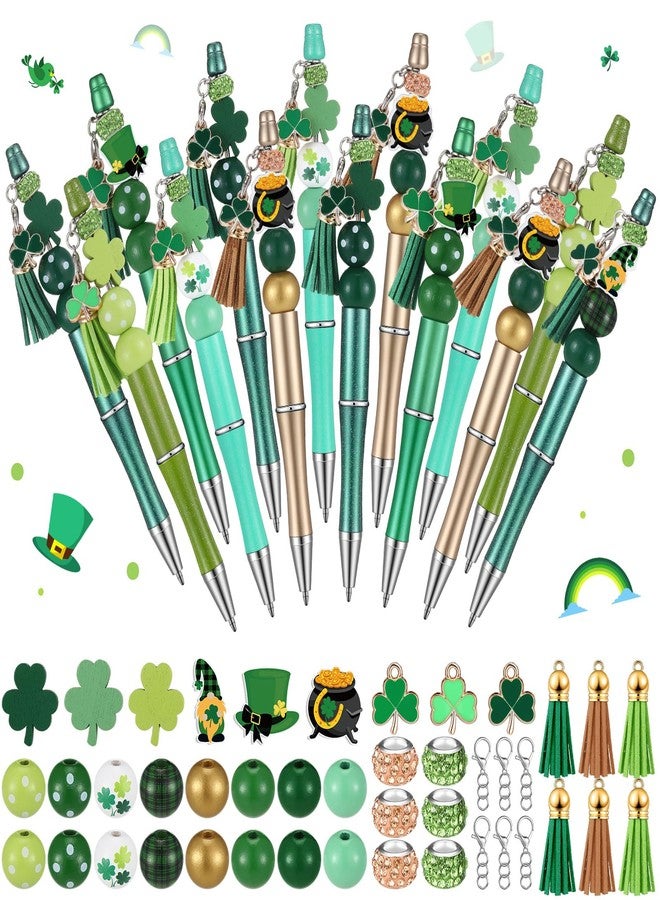 Geyoga 30 Pcs St. Patrick's Day Beadable Pens Green Lucky Shamrock Hat Gnome Ballpoint Bead Pens Black Ink DIY Pens with 90 Wooden Beads 30 Pens for Women Gifts Office Supplies - Image 1
