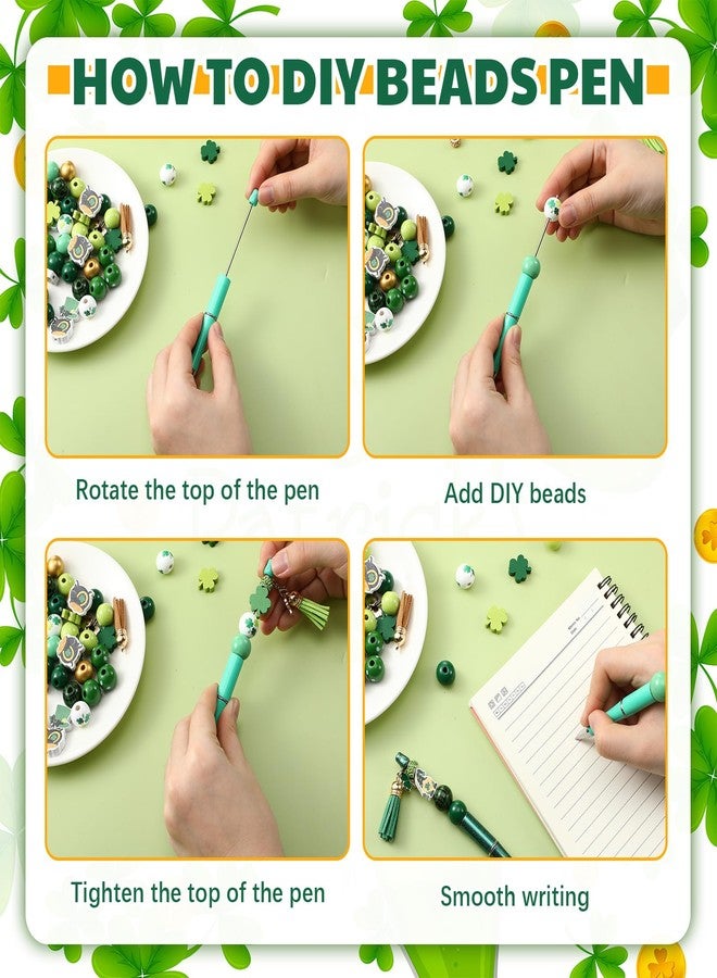 Geyoga 30 Pcs St. Patrick's Day Beadable Pens Green Lucky Shamrock Hat Gnome Ballpoint Bead Pens Black Ink DIY Pens with 90 Wooden Beads 30 Pens for Women Gifts Office Supplies - Image 4