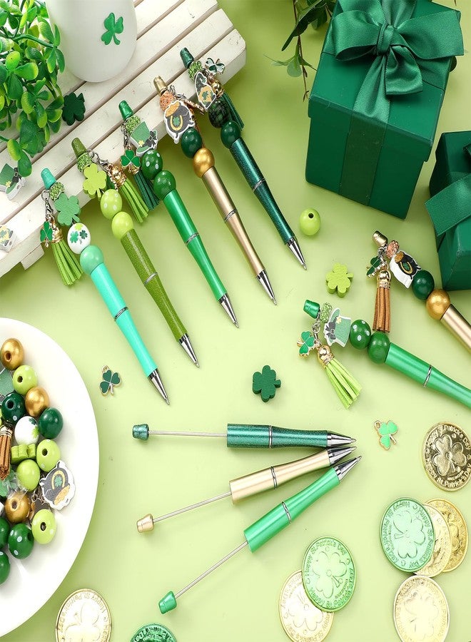 Geyoga 30 Pcs St. Patrick's Day Beadable Pens Green Lucky Shamrock Hat Gnome Ballpoint Bead Pens Black Ink DIY Pens with 90 Wooden Beads 30 Pens for Women Gifts Office Supplies - Image 2