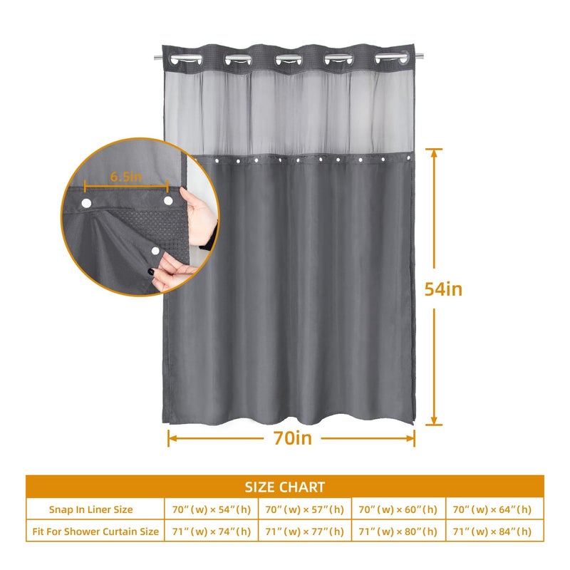 eachope 1 Pack Fabric Snap-in Shower Curtain Liner Replacement,Compatible with No Hook Shower Curtain with Snap in Liner, Removable & Water-Repellent,Machine Washable,70x54,Grey - Image 4