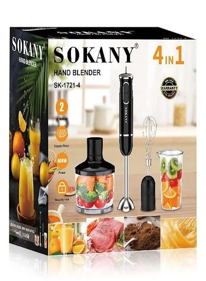 sokany خلاط يدوي متعدد الوظائف 4 في 1 ومحضر طعام ومفرمة كهربائية بقوة 400 وات SK-1721-4 أسود - Image 1