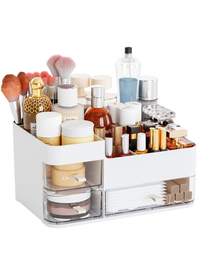 Cq acrylic White Makeup Organizer With 3 Drawers, Large Capacity Plastic Cosmetic Storage for Dresser and Vanity, Ideal for Beauty, Perfume, Brushes, Skincare, Bathroom Organizers and Storage Counter - Image 1