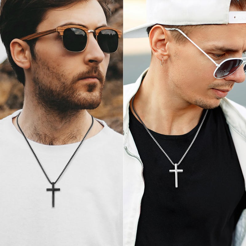 Romass 2 Pcs Cross Necklace for Men Boys,Stainless Steel Pendant Silver Black Crosses Chain Jewelry Gifts Box 16-30 inchesï¼ˆ18in,Cross Pendant 1.7"*1.0",Silver/Blackï¼‰ - Image 2