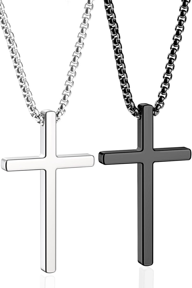 Romass 2 Pcs Cross Necklace for Men Boys,Stainless Steel Pendant Silver Black Crosses Chain Jewelry Gifts Box 16-30 inchesï¼ˆ18in,Cross Pendant 1.7"*1.0",Silver/Blackï¼‰ - Image 1