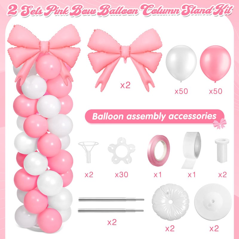 Charnoel 2 Sets Pink White Bow Balloon Column Stand Kit Includes 2 Bows & 100 Latex Balloons Adjustable Stands for Princess Birthday Wedding Coquette Baby Shower Party Decoration - Image 2
