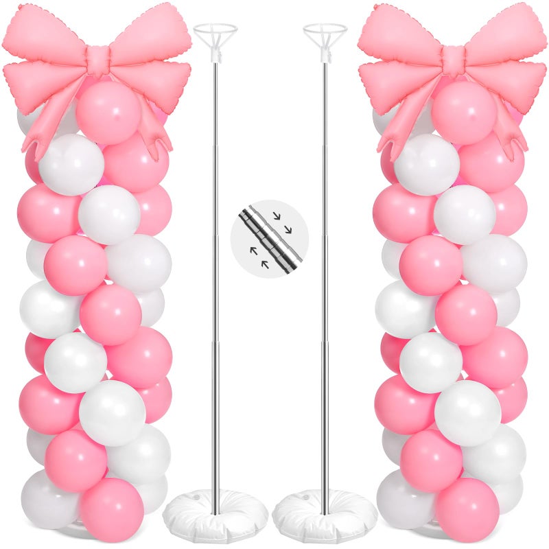Charnoel 2 Sets Pink White Bow Balloon Column Stand Kit Includes 2 Bows & 100 Latex Balloons Adjustable Stands for Princess Birthday Wedding Coquette Baby Shower Party Decoration - Image 1