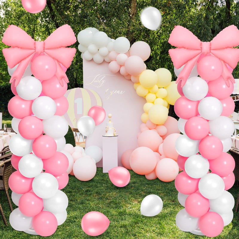Charnoel 2 Sets Pink White Bow Balloon Column Stand Kit Includes 2 Bows & 100 Latex Balloons Adjustable Stands for Princess Birthday Wedding Coquette Baby Shower Party Decoration - Image 5