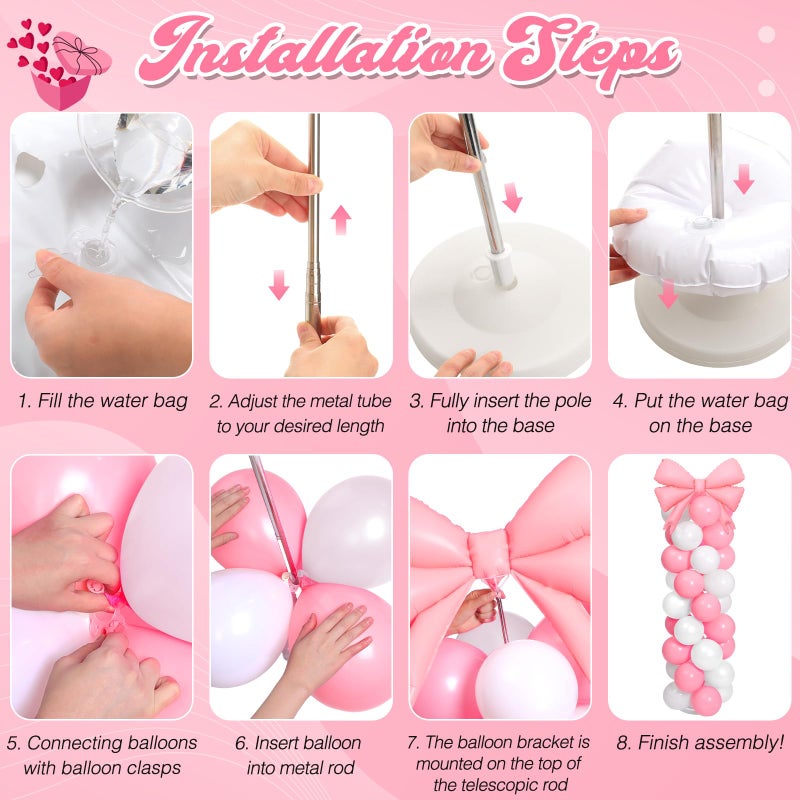 Charnoel 2 Sets Pink White Bow Balloon Column Stand Kit Includes 2 Bows & 100 Latex Balloons Adjustable Stands for Princess Birthday Wedding Coquette Baby Shower Party Decoration - Image 4