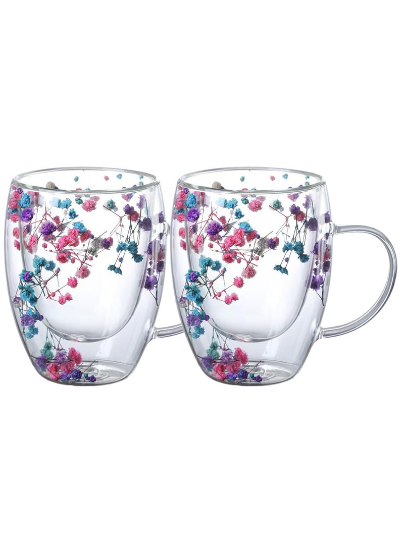 3Diamonds Double Walled Coffee Cups 350ml - Set of 2, Borosilicate Glass Mugs with Real Dry Flowers, Insulated Tea and Coffee Cups, Gift Set for Holiday and Valentine's Day (Multi-2)  - Image 1