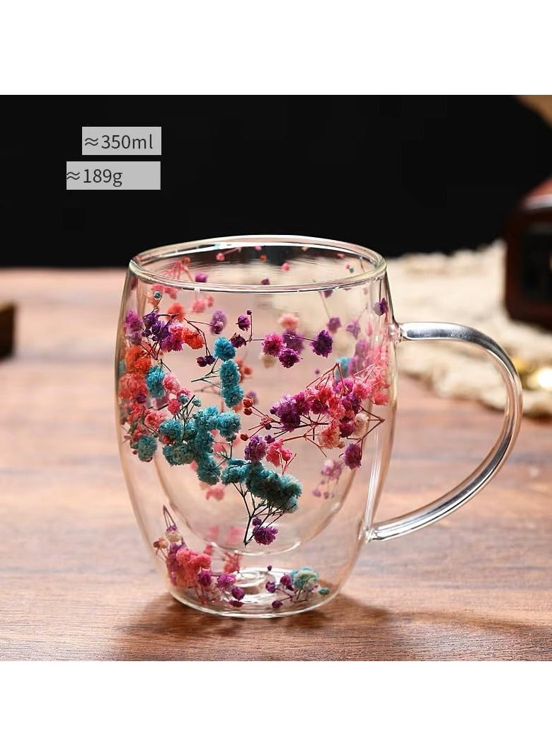 3Diamonds Double Walled Coffee Cups 350ml - Set of 2, Borosilicate Glass Mugs with Real Dry Flowers, Insulated Tea and Coffee Cups, Gift Set for Holiday and Valentine's Day (Multi-2)  - Image 3