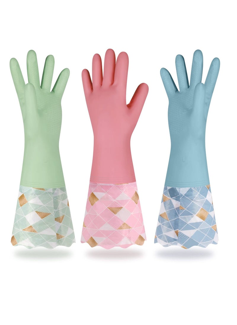 3 Pairs Cleaning Gloves for Winter Plus Velvet Reusable Household Kitchen Dishwashing Glove Latex Free Non Slip Waterproof Long Sleeves Keep Warm From Cold for Kitchen Cleaning Pet Care and more - Image 1
