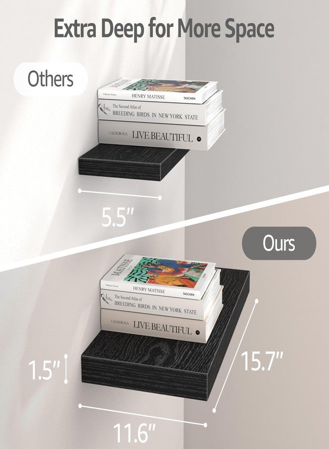 QEEIG 12" Deep Floating Shelves for Wall - 12 x 16 inch Book Shelf Bathroom Bedroom Kitchen Living Room Hanging Bookshelf Farmhouse Set of 3, Black (026-B3) - Image 2