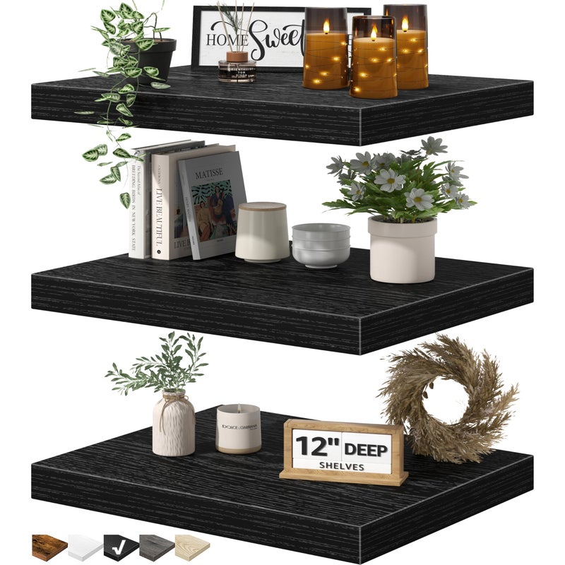 QEEIG 12" Deep Floating Shelves for Wall - 12 x 16 inch Book Shelf Bathroom Bedroom Kitchen Living Room Hanging Bookshelf Farmhouse Set of 3, Black (026-B3) - Image 1