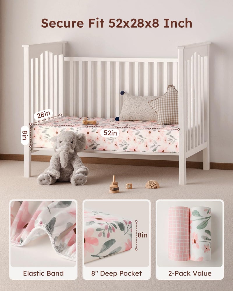 Yoofoss Crib Sheets Girl 2 Pack, 52x28 Fitted Baby Crib Sheet Fits for Standard Crib and Toddler Mattress, Ultra Soft Breathable Microfiber Pink Floral - Image 4