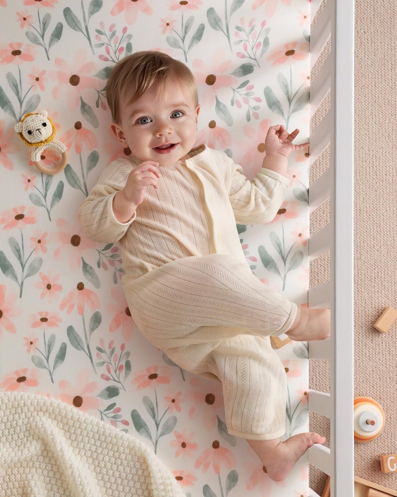 Yoofoss Crib Sheets Girl 2 Pack, 52x28 Fitted Baby Crib Sheet Fits for Standard Crib and Toddler Mattress, Ultra Soft Breathable Microfiber Pink Floral - Image 3
